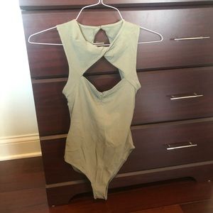 Free People Olive Green Twist Neck Ruched Bodysuit